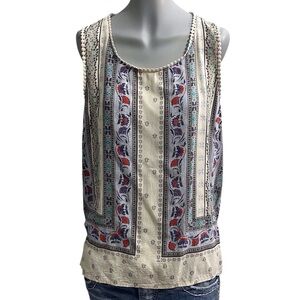 Skies Are Blue Bohemian Sleeveless Top Size large floral boho Pom Pom trim
